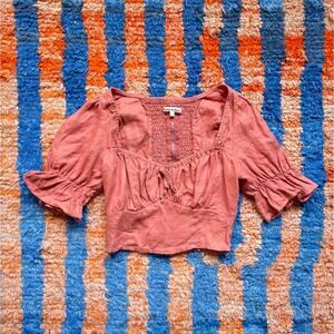 Reformation Linen Coral Puff Sleeve Crop Top Sz 0 Square Neck Coquette Retro